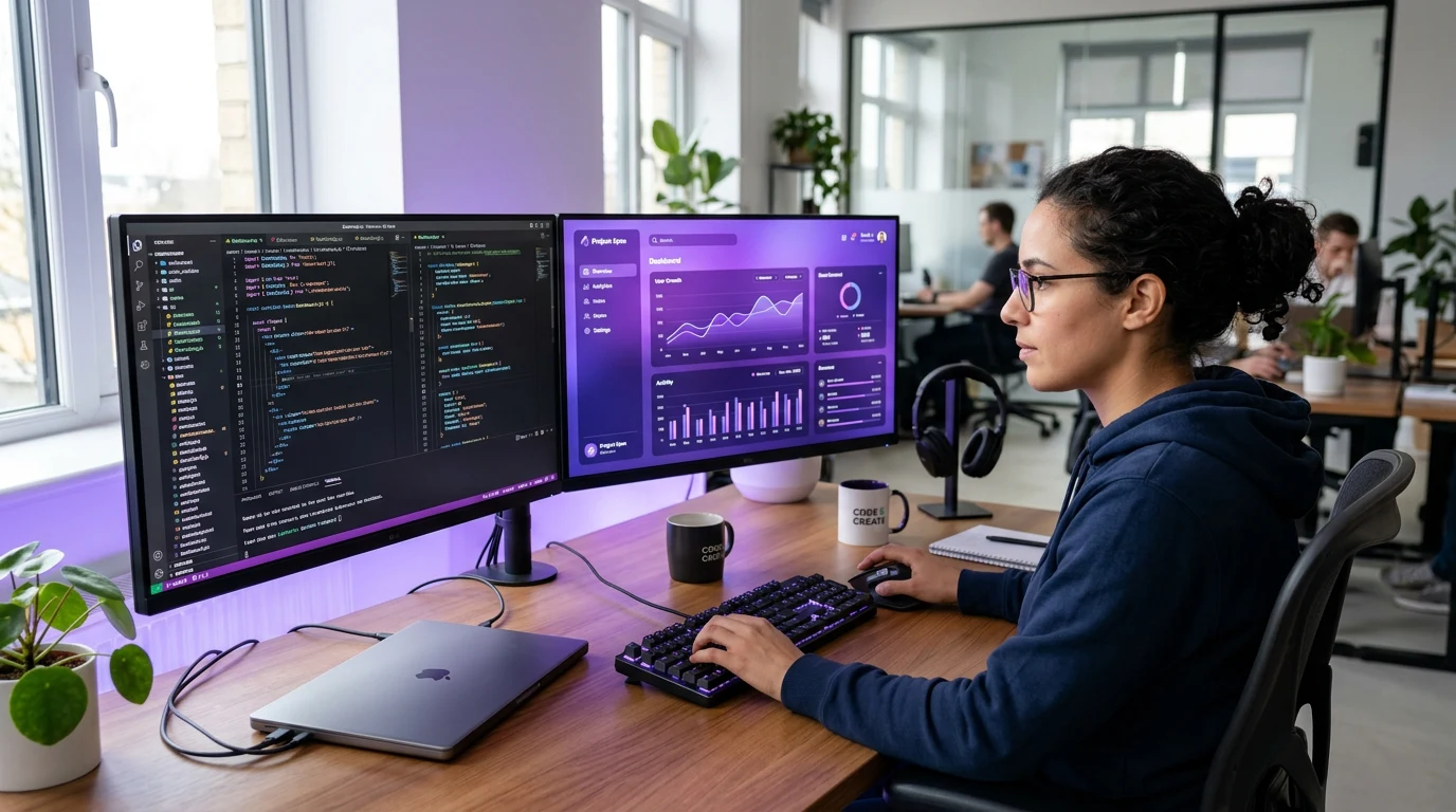 Desarrolladora programando plataforma web en estudio tecnológico
