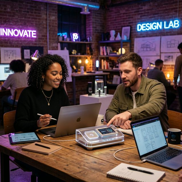Equipo directivo y tecnológico de Aurivox colaborando en taller de innovación