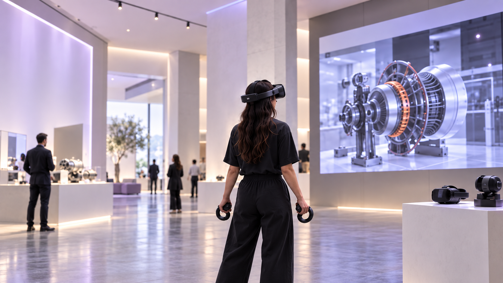 Visitante explorando una demostración industrial con realidad virtual